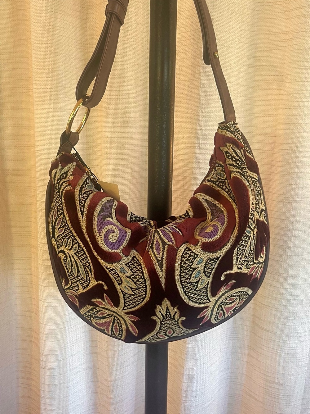 Maxx New York Burgundy Paisley Embroidered Hobo with Gold Accents